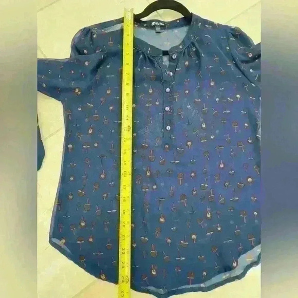 Lily White sheer blue long sleeve half button down mushroom blouse size small - Picture 4 of 7